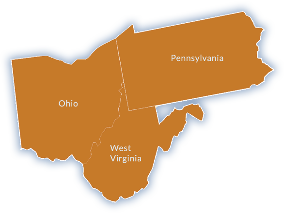 States Ohio, Pennsylvania and West Virginia highlighted